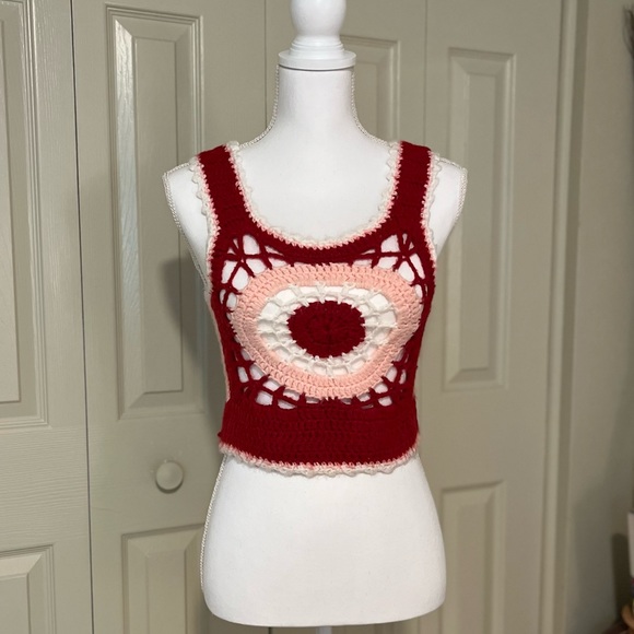 Vintage 1970’s Hand Crafted Cropped Top Crochet Tank Red Pink White - Picture 15 of 15